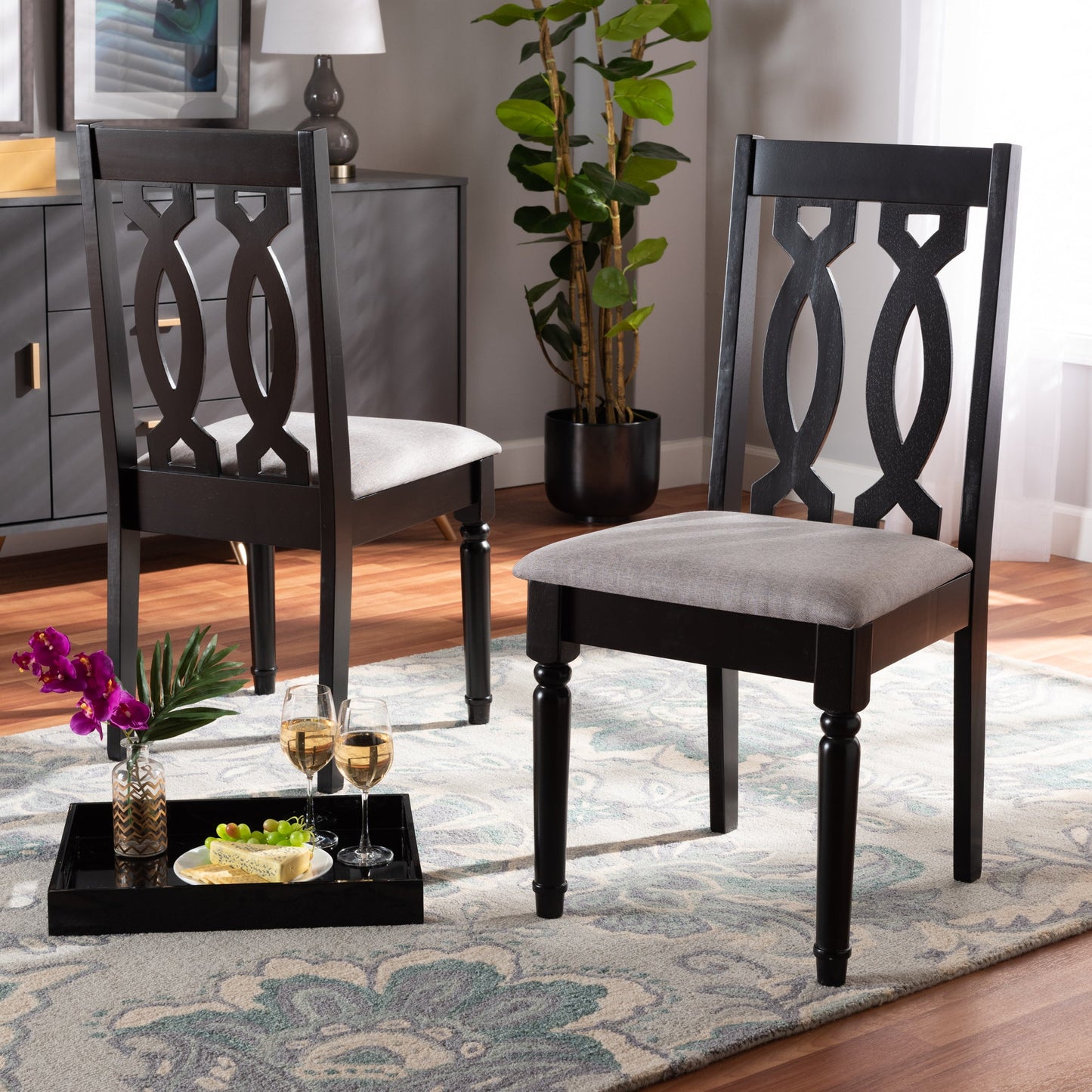 Cherese Modern and Contemporary Grey Fabric Upholstered and Dark Brown Finished Wood 2-Piece Dining Chair Set