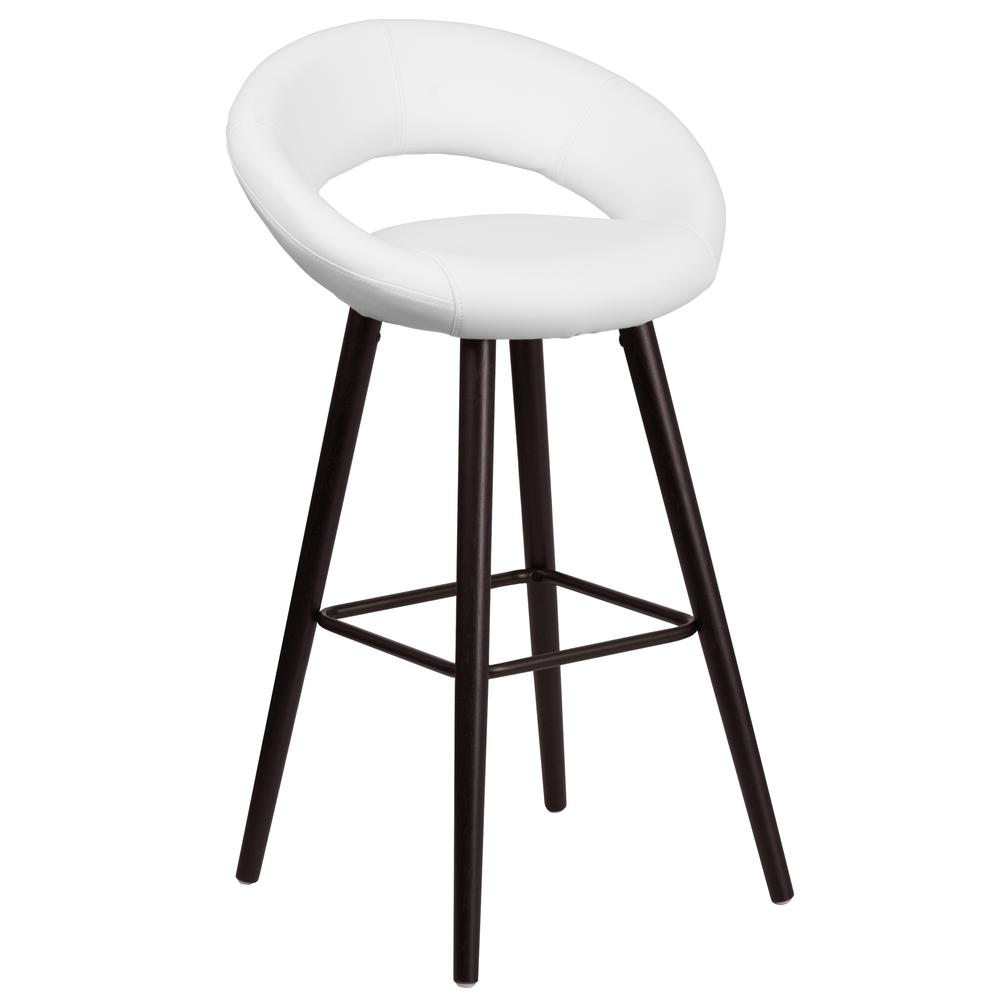 29'' High Contemporary Cappuccino Wood Rounded Back Barstool in White Vinyl