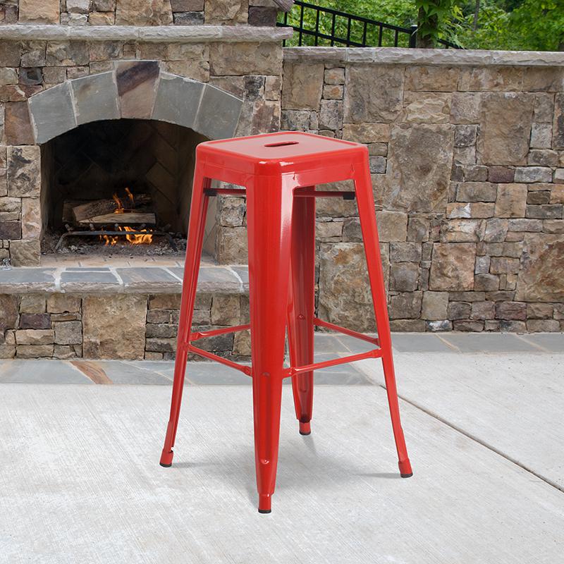 Commercial Grade 30" High Backless Red Metal Indoor-Outdoor Barstool with Square Seat