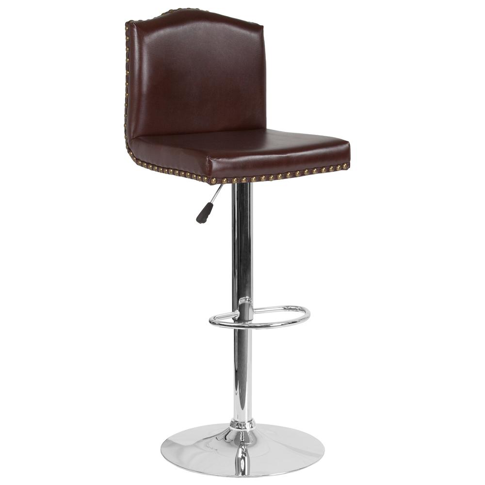 Contemporary Adjustable Height Crown Back Barstool with Accent Nail Trim in Brown LeatherSoft