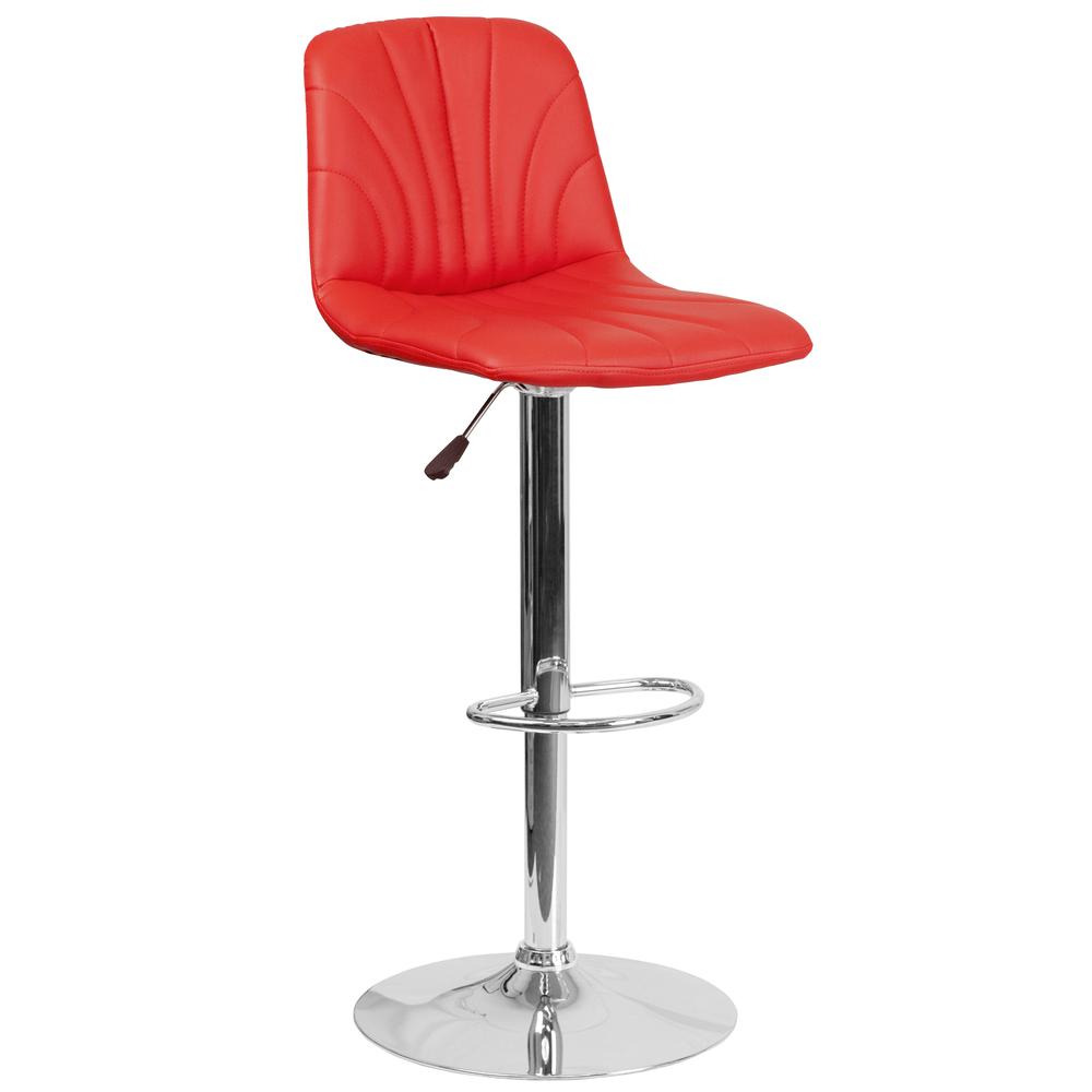 Contemporary Red Vinyl Adjustable Height Barstool with Embellished Stitch Design and Chrome Base