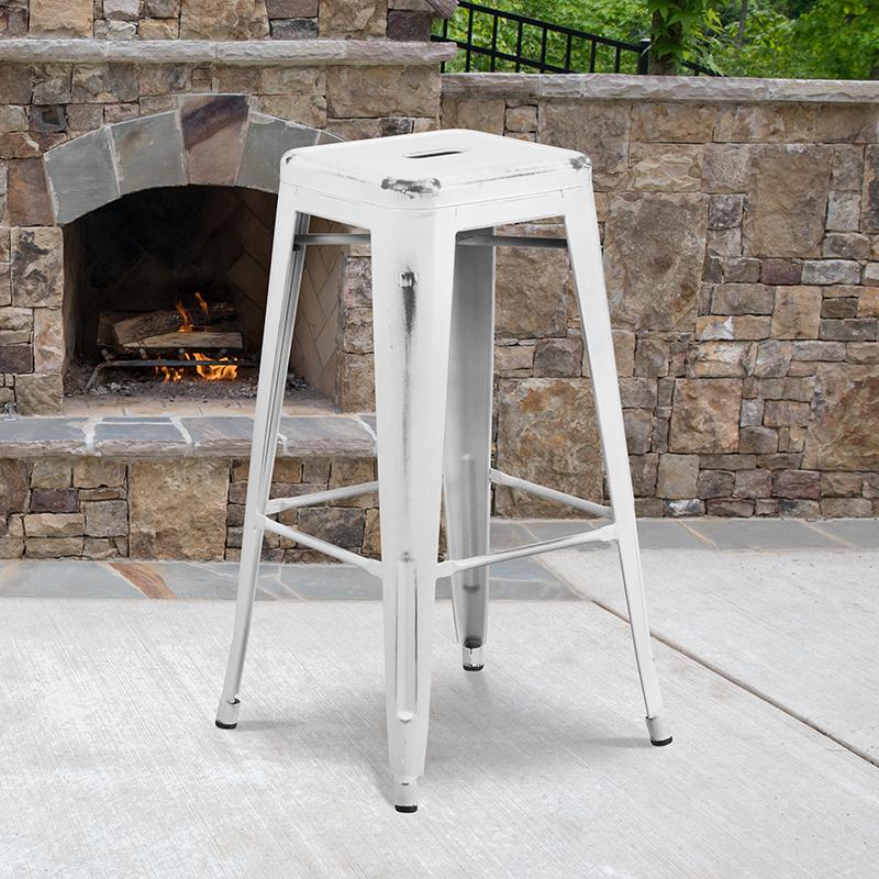 Commercial Grade 30" High Backless Distressed White Metal Indoor-Outdoor Barstool