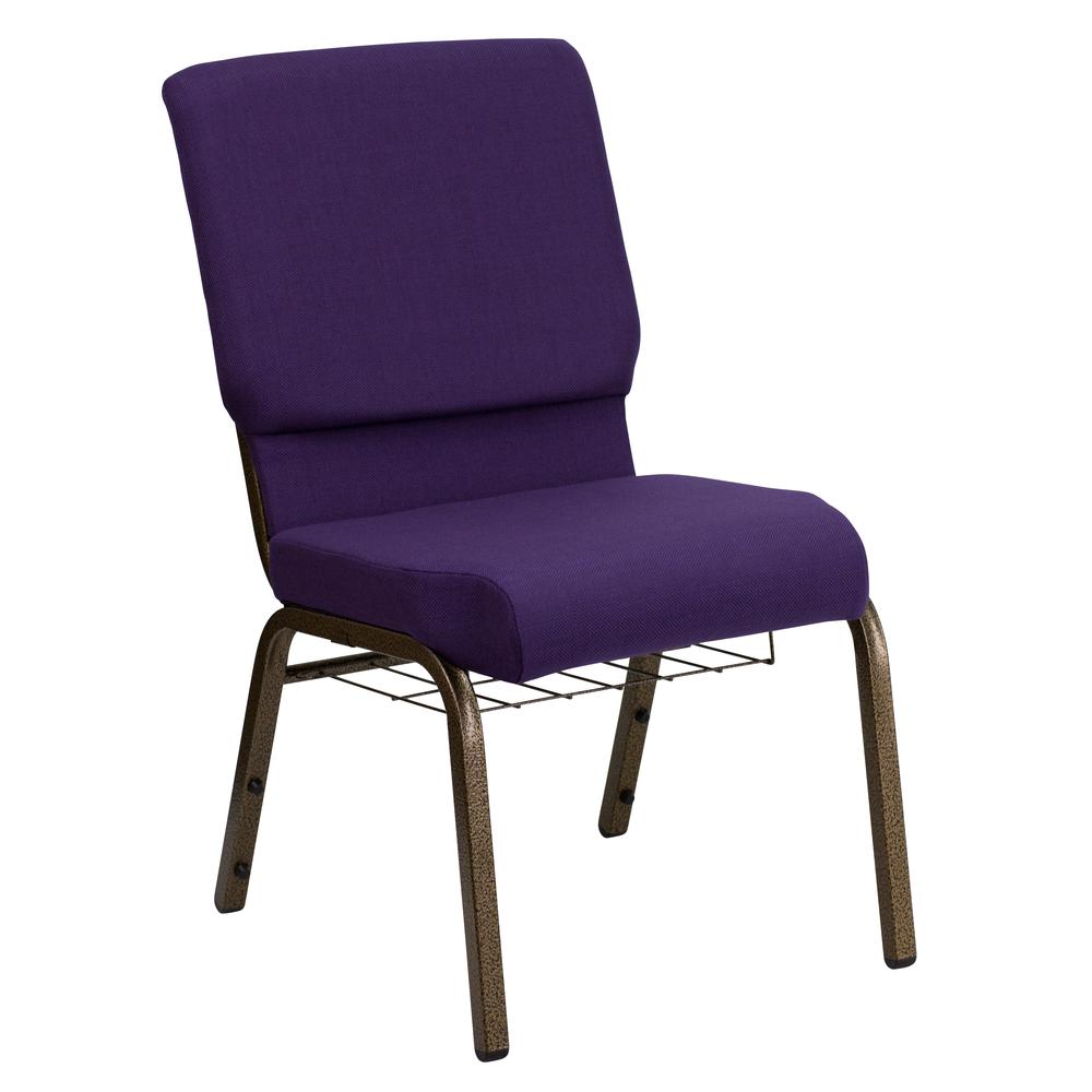 HERCULES Series 18.5''W Church Chair in Royal Purple Fabric with Cup Book Rack - Gold Vein Frame