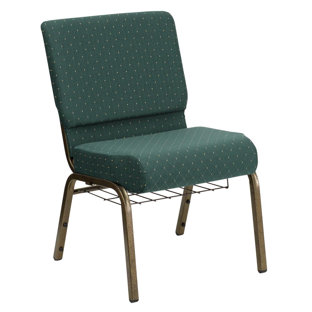 HERCULES Series 21''W Church Chair in Hunter Green Dot Patterned Fabric with Book Rack - Gold Vein Frame