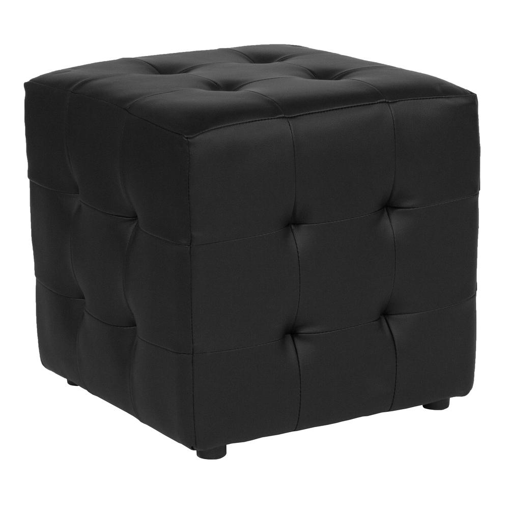 Grid Tufted Upholstered Cube Ottoman Pouf in Black LeatherSoft