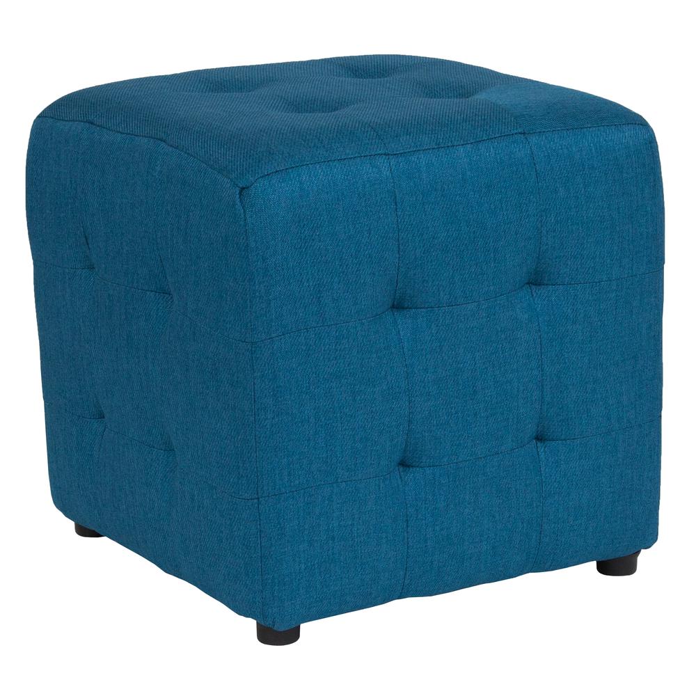 Grid Tufted Upholstered Cube Ottoman Pouf in Blue Fabric