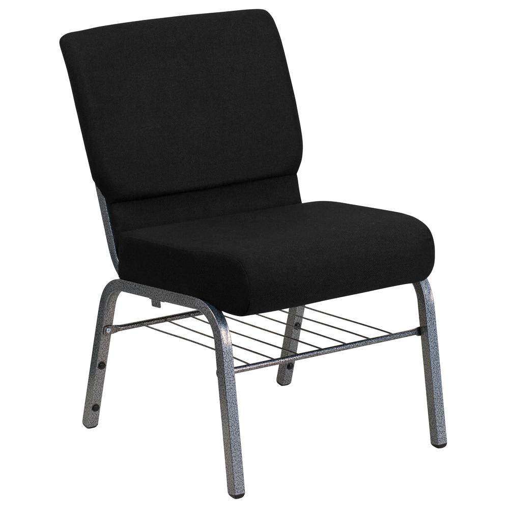 HERCULES Series 21''W Church Chair in Black Fabric with Book Rack - Silver Vein Frame