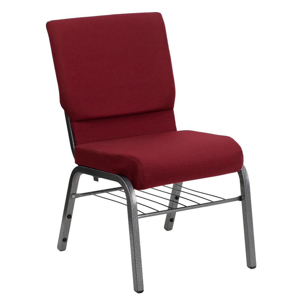 HERCULES Series 18.5''W Church Chair in Burgundy Fabric with Book Rack - Silver Vein Frame