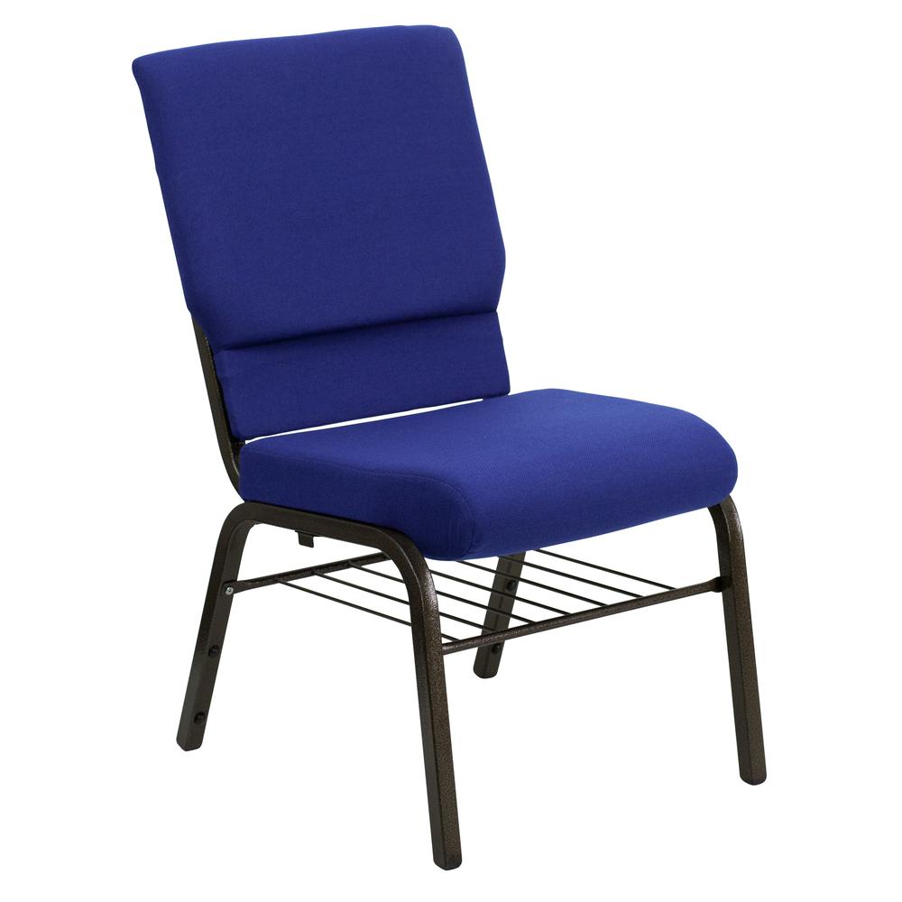 HERCULES Series 18.5''W Church Chair in Navy Blue Fabric with Book Rack - Gold Vein Frame