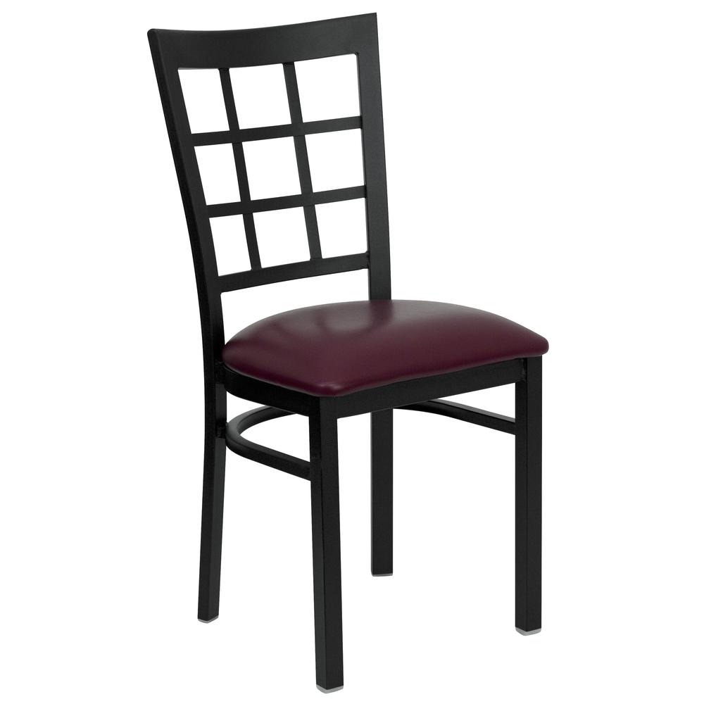 HERCULES Series Black Window Back Metal Restaurant Chair - Burgundy Vinyl Seat