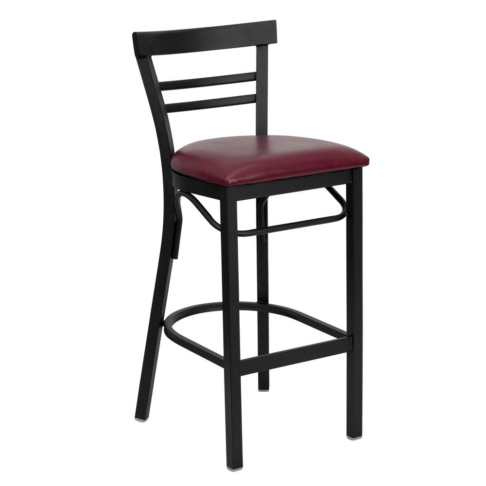 HERCULES Series Black Two-Slat Ladder Back Metal Restaurant Barstool - Burgundy Vinyl Seat