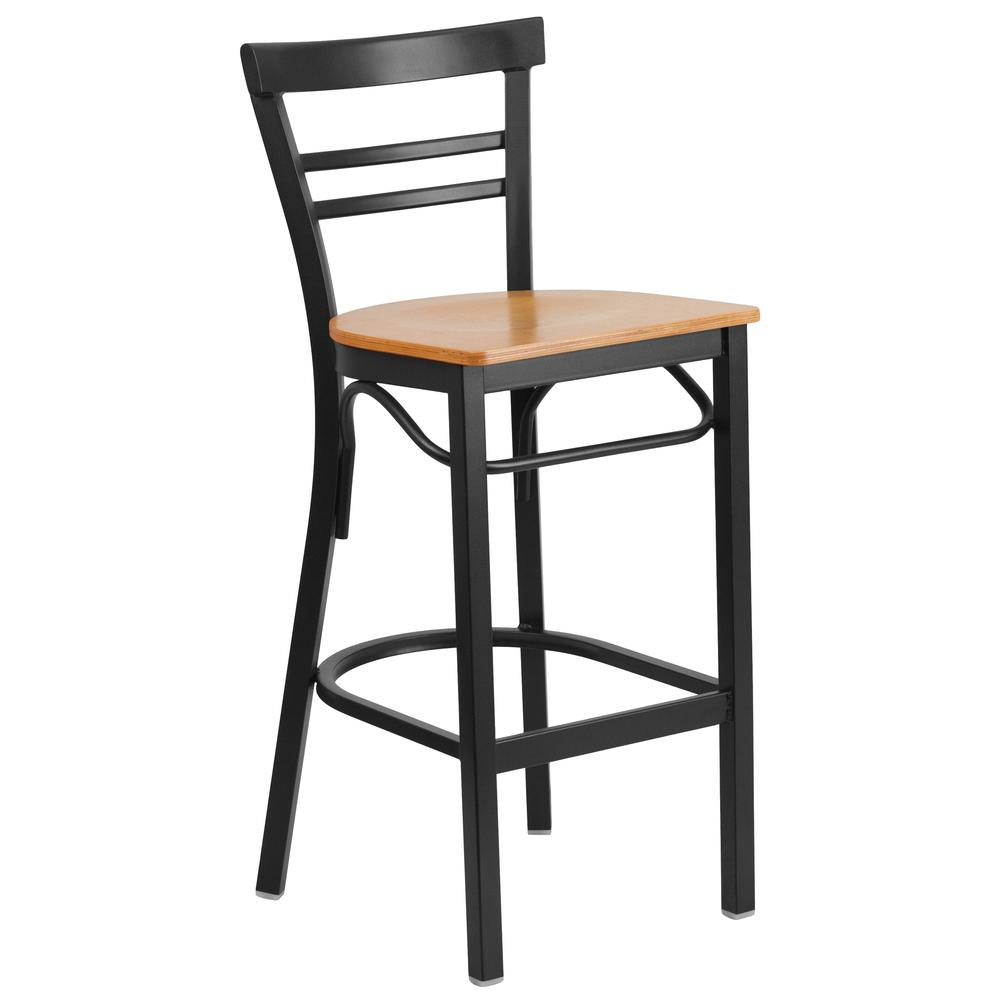 HERCULES Series Black Two-Slat Ladder Back Metal Restaurant Barstool - Natural Wood Seat