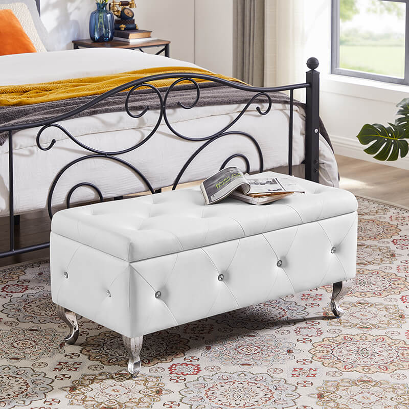 38.2" White PU Leather Upholstered Storage Ottoman Bench with Safety Hinge