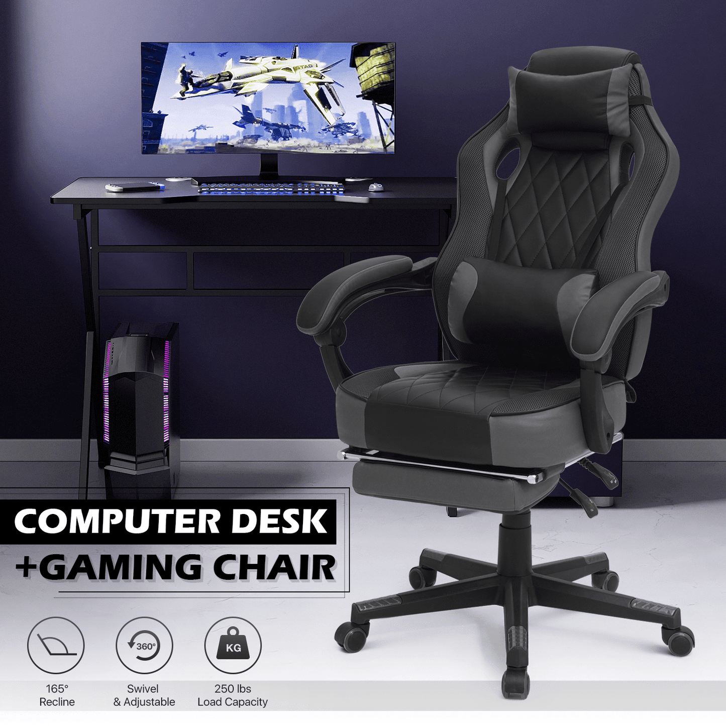 Magshion Computer Desk & Chair Set, Adjustable Height Gaming Chair Recliner with Retractable Footrest & Lumber Support and Writing Table Workstation for Home Bedroom, Grey