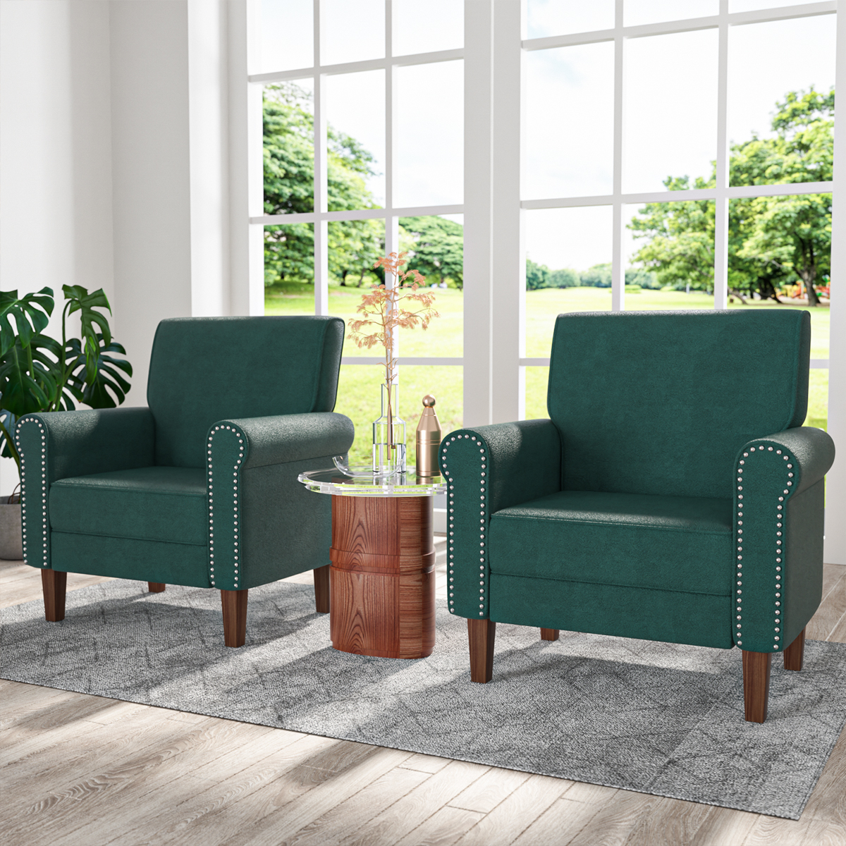 Set of 2 Accent Chairs Mid Centruy Living Room Chairs Fabric Modern Tufted Back Fabric Arm Chair Single Sofa Vintage Club Seat for Living Room Furniture > Chairs > Arm Chairs, Recliners & Sleeper Chairs SINGES Green
