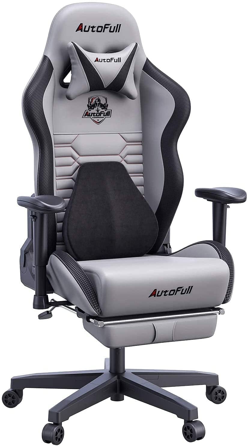 AutoFull Gaming Office Desk Ergonomic Lumbar Support, Racing Style PU Leather PC High Back Adjustable Swivel Task Chair with Footrest£¬Grey