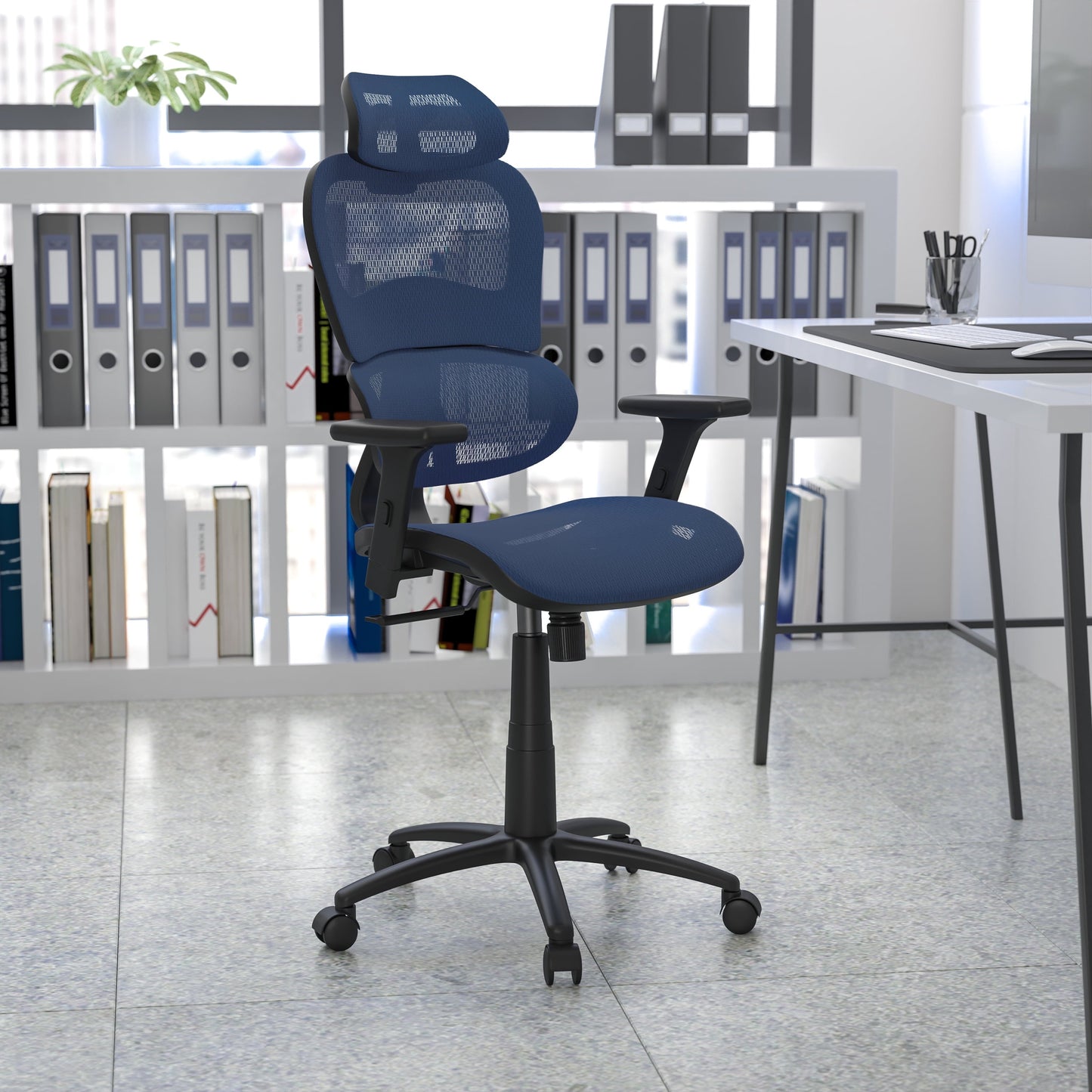 BizChair Ergonomic Mesh Office Chair with 2-to-1 Synchro-Tilt, Adjustable Headrest, Lumbar Support, and Adjustable Pivot Arms in Blue