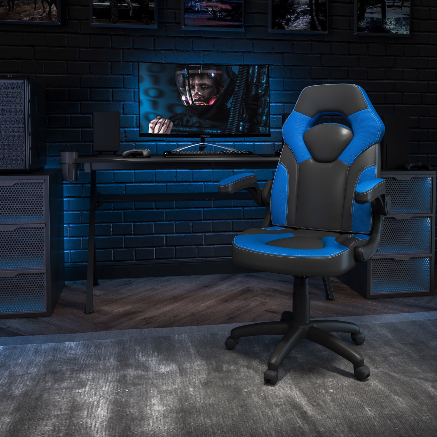 BizChair Gaming Chair Racing Office Ergonomic Computer PC Adjustable Swivel Chair with Flip-up Arms, Blue/Black LeatherSoft