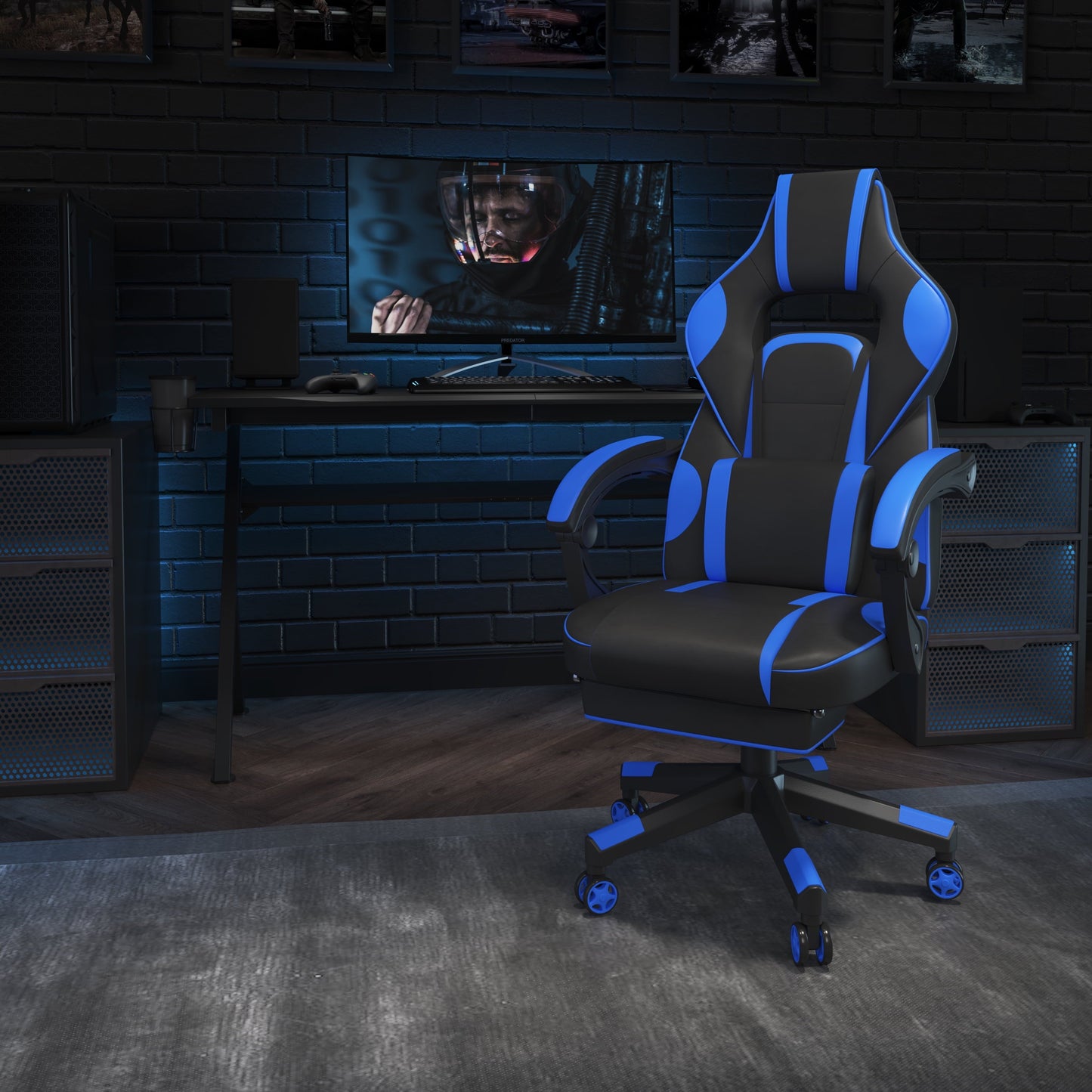BizChair X40 Gaming Chair Racing Ergonomic Computer Chair with Fully Reclining Back/Arms, Slide-Out Footrest, Massaging Lumbar - Black/Blue
