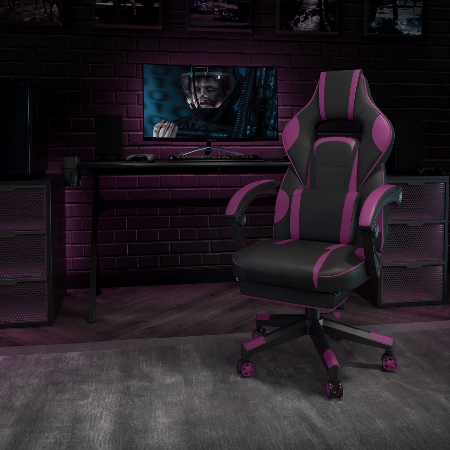 BizChair X40 Gaming Chair Racing Ergonomic Computer Chair with Fully Reclining Back/Arms, Slide-Out Footrest, Massaging Lumbar - Black/Purple