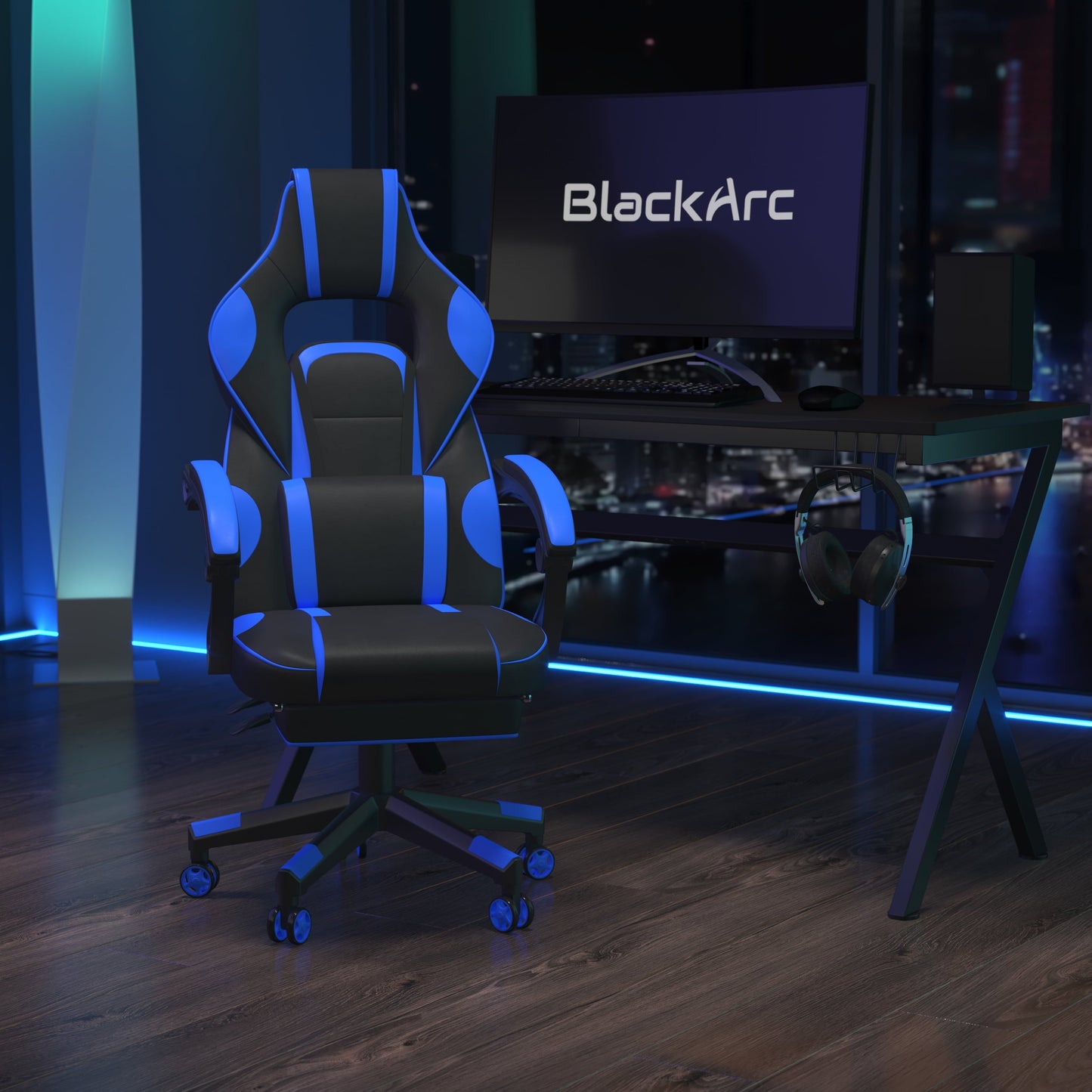 BlackArc Gaming Chair Outfitted With Footrest, Headrest, Lumbar Support Massage Pillow, Reclining Seat/Arms In Black & Blue