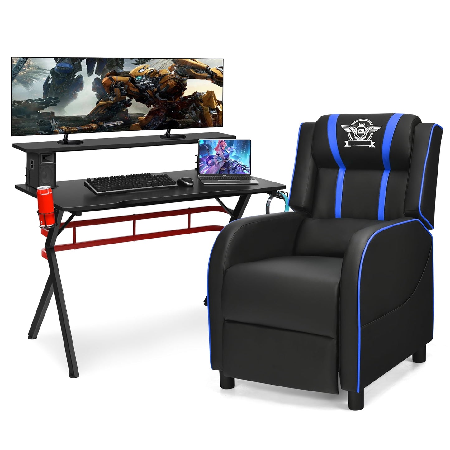 Costway Gaming Desk & Chair Set 48'' Computer Desk & Massage Recliner Chair Black + Blue