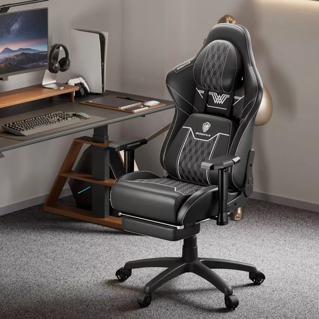 Dowinx Big and Tall Gaming Chair with Footrest, High Back Ergonomic Office Chair with Comfortable Headrest and Lumbar Support, 4D Armrests Computer Chair for Adults, Pu Leather, Black
