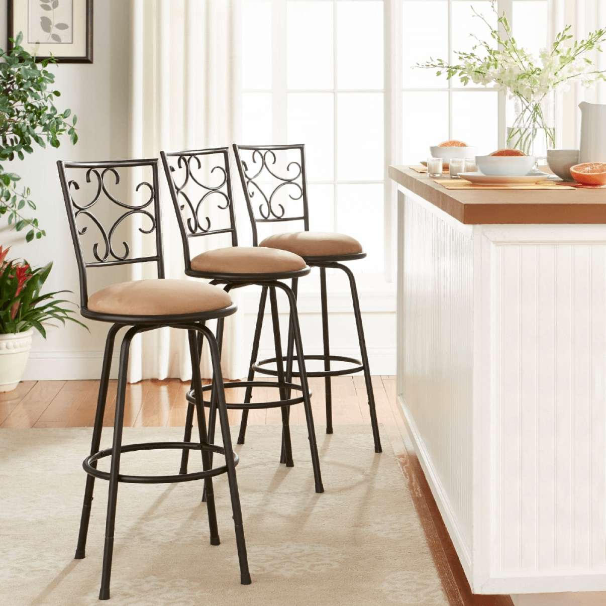 Black and Beige Bar Stools with Adjustable Height - Set of 3 Bar Stools