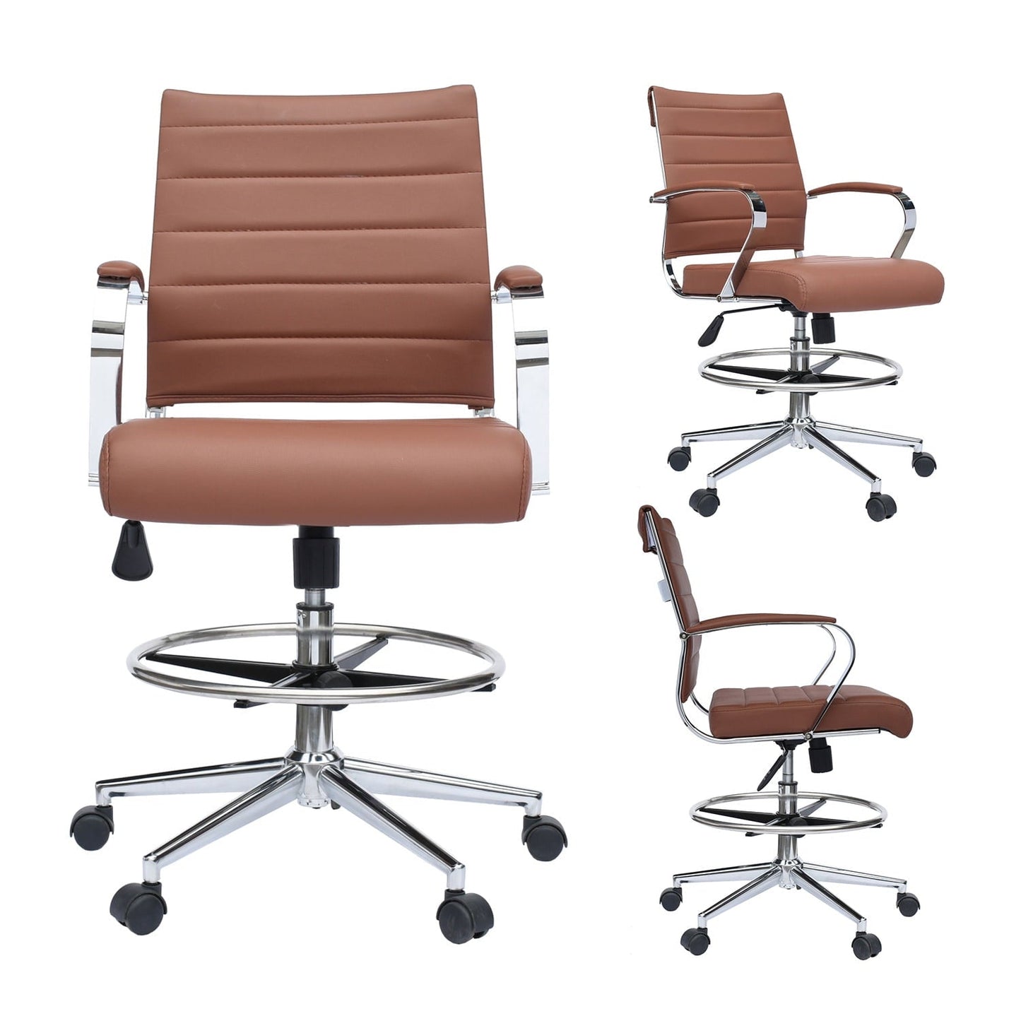 Homelala Brown Office Drafting Chair Ribbed Padded Open Mid Back With Wheels And Chrome Arms For Home Office Conference Room Tilt Ribbed Adjustable Height Chrome Swivel and Chrome Foot Rest