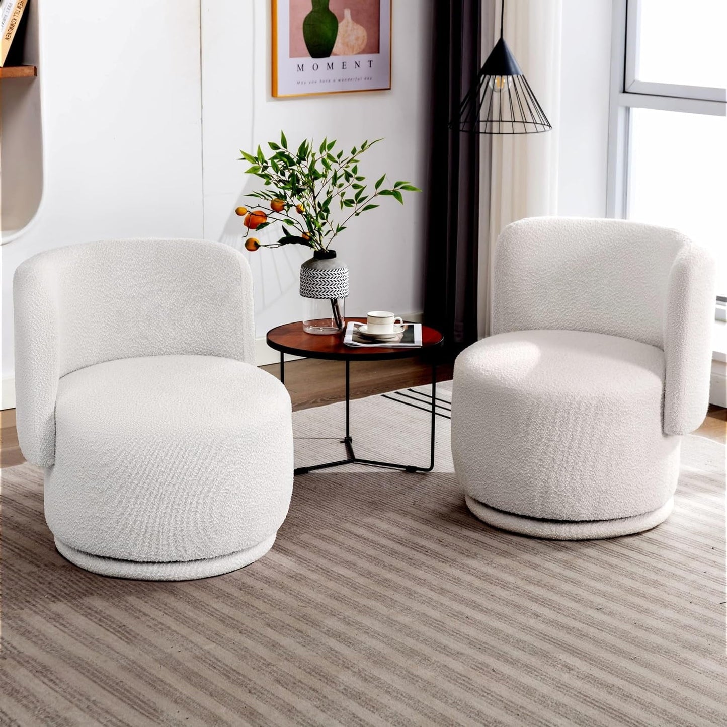 Locus Bono Swivel Accent Chairs Set of 2, Boucle Swivel Chair for Living Room, Upholstered Round Swivel Barrel Chair Reading Chair for Small Space, Bedroom,Office (Cream/White)