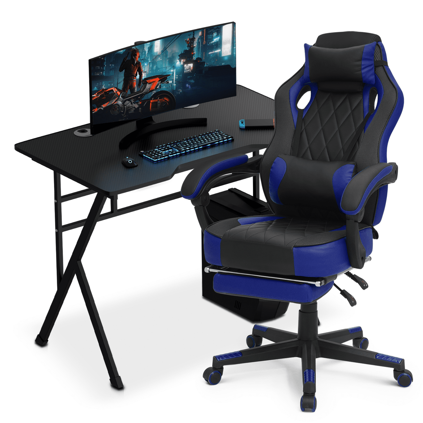 Magshion Computer Desk & Chair Set, Adjustable Height Gaming Chair Recliner with Retractable Footrest & Lumber Support and Laptop Table Workstation for Home Office, Blue