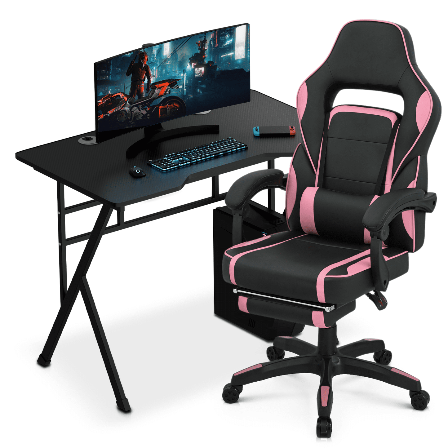 Magshion Computer Desk & Gaming Chair Set, Adjustable Height Reclining Chair with Retractable Footrest & Lumber Support and Writing Table Workstation, Pink