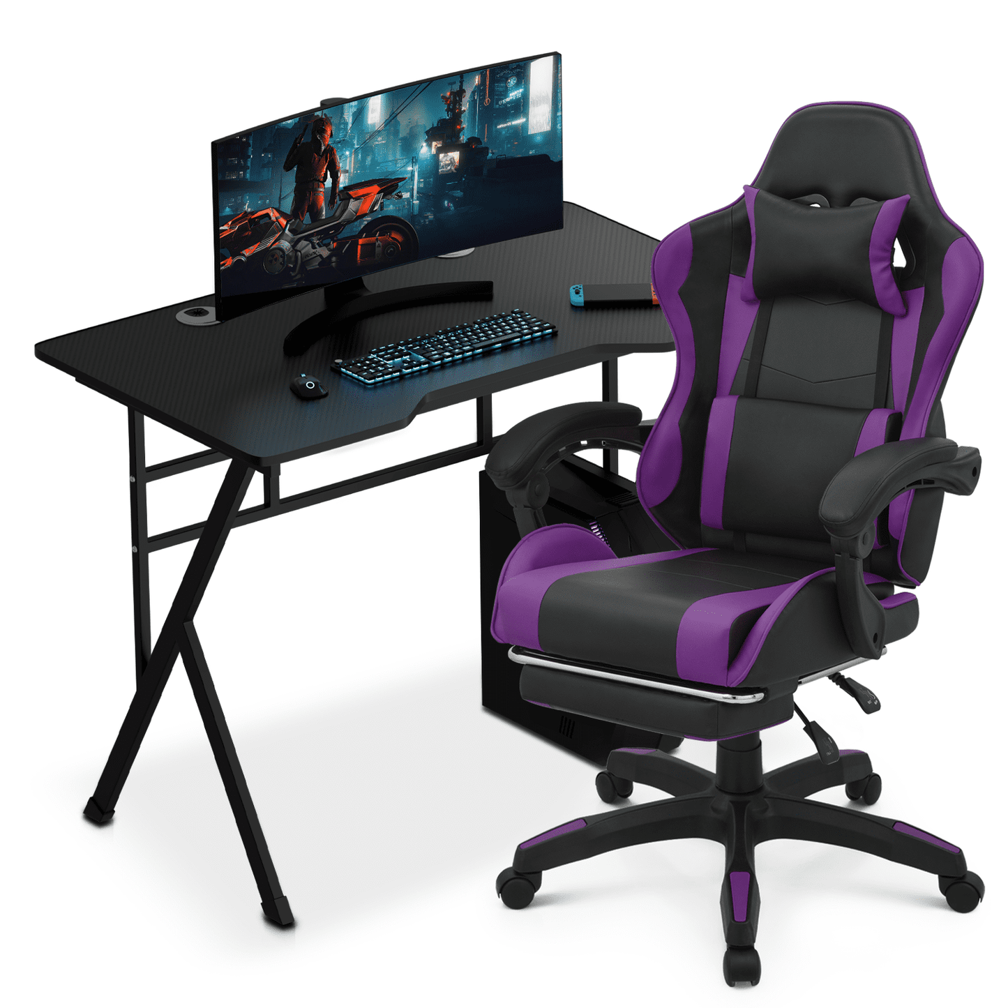 Magshion Computer Desk & Gaming Chair Set, Adjustable Height Reclining Chair with Retractable Footrest & Wheels and Laptop Table Workstation with Cable Management Grommet, Purple