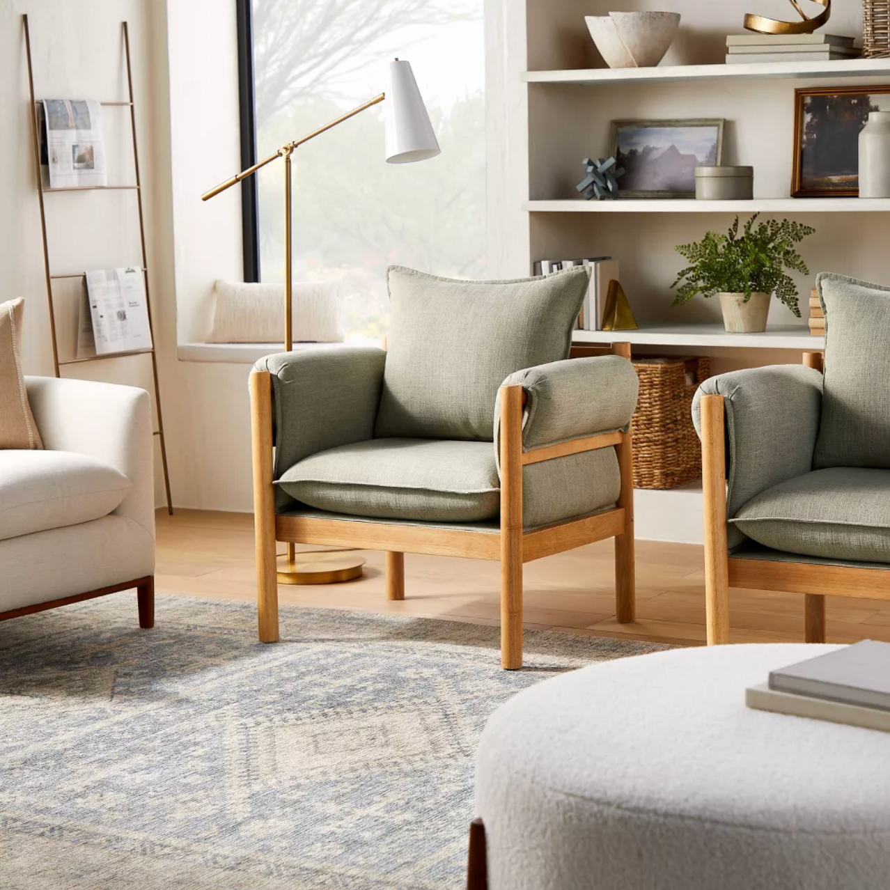 Arbon Wood Dowel Accent Chair with Cushion Arms Light Gray Linen