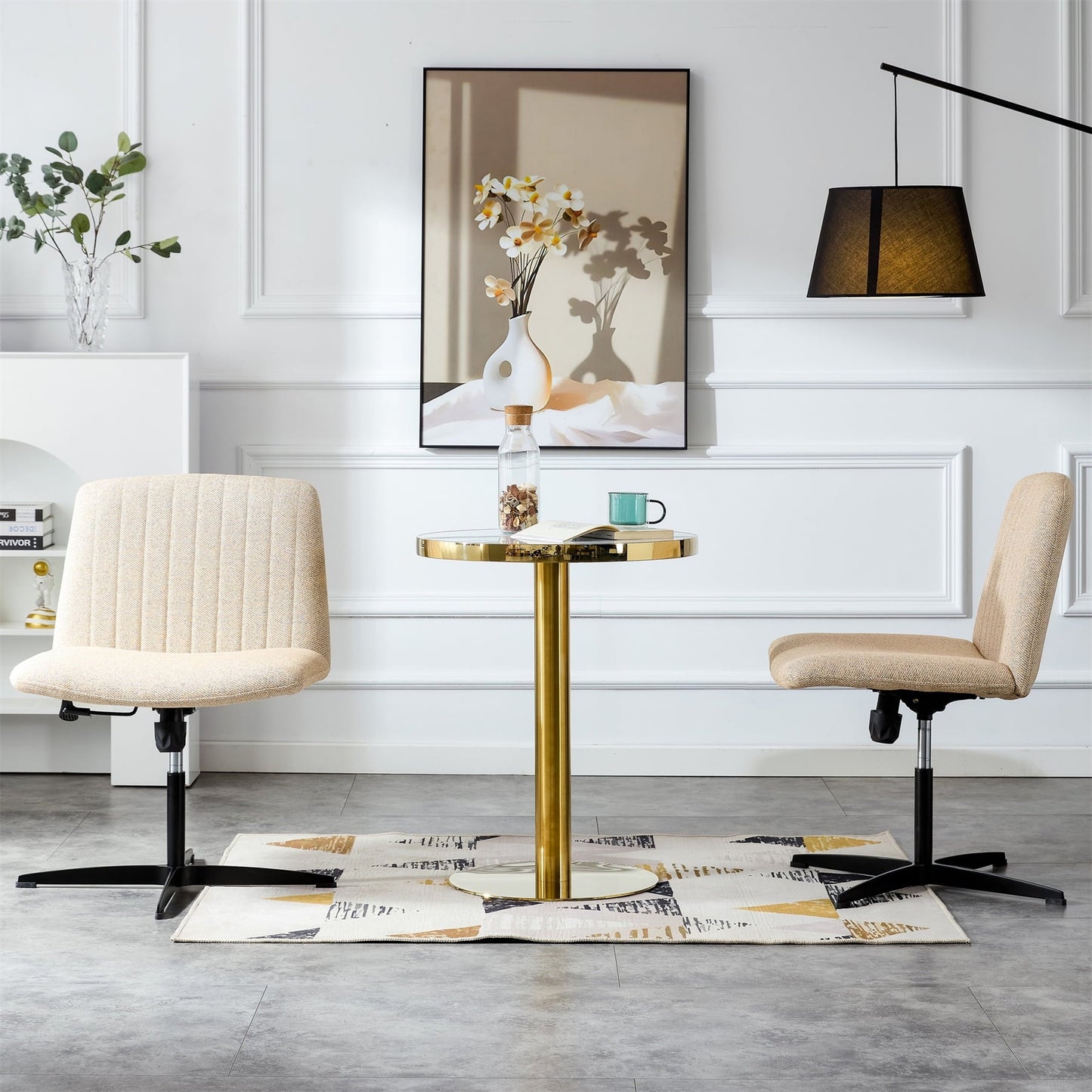 Swivel Office Chairs Set of 2, Height Adjustable Home Computer Desk Chair with Metal Base & No Wheels, Modern Linen Upholstered Armless Vanity Chair Task Chair for Living Room Bedroom Office, Beige