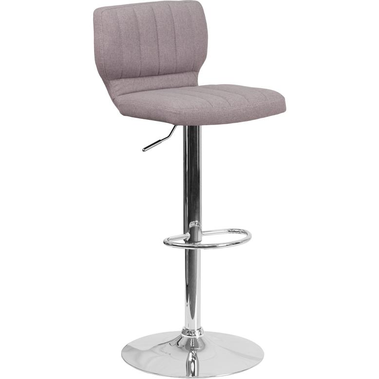 Contemporary Gray Fabric Adjustable Height Barstool with Vertical Stitch Back and Chrome Base