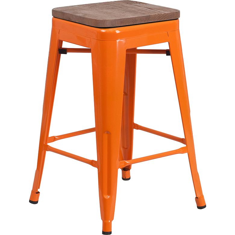 24" High Backless Orange Metal Counter Height Stool with Square Wood Seat