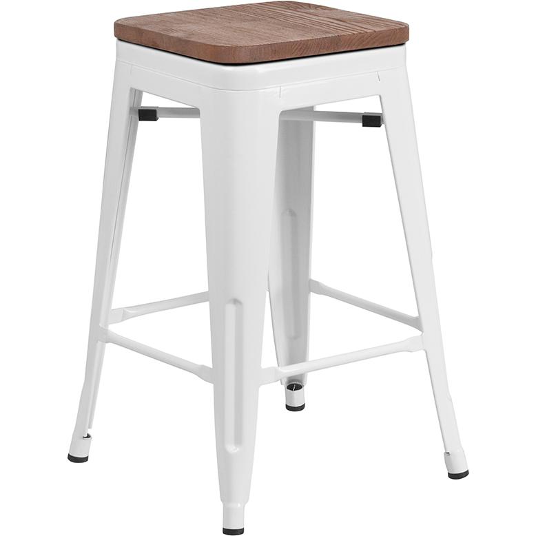 24" High Backless White Metal Counter Height Stool with Square Wood Seat