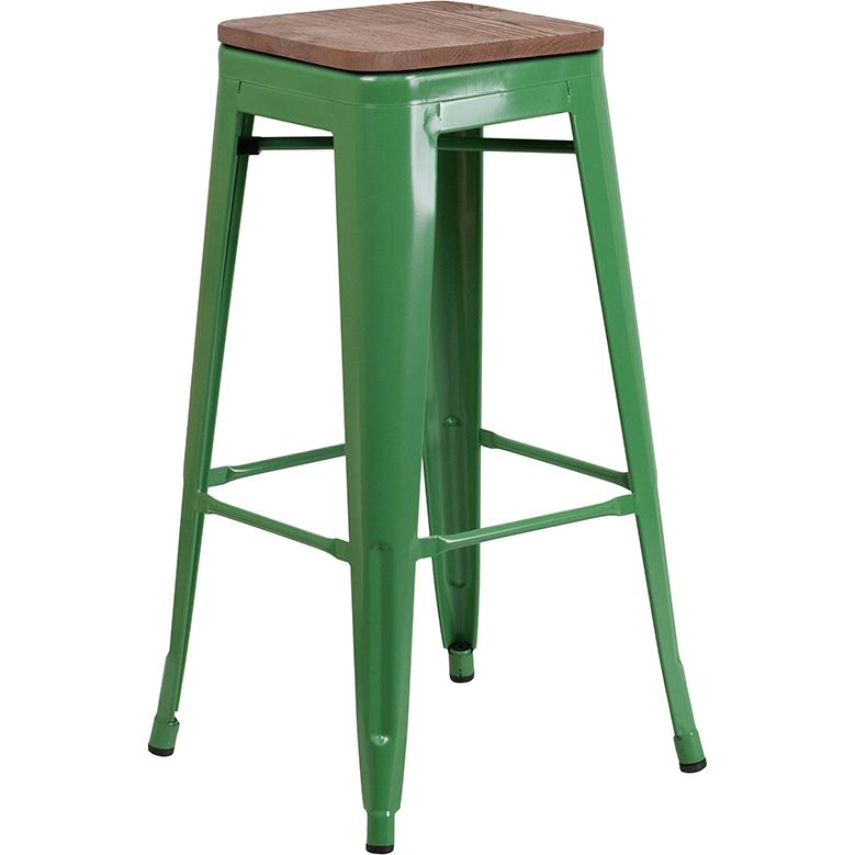 30" High Backless Green Metal Barstool with Square Wood Seat