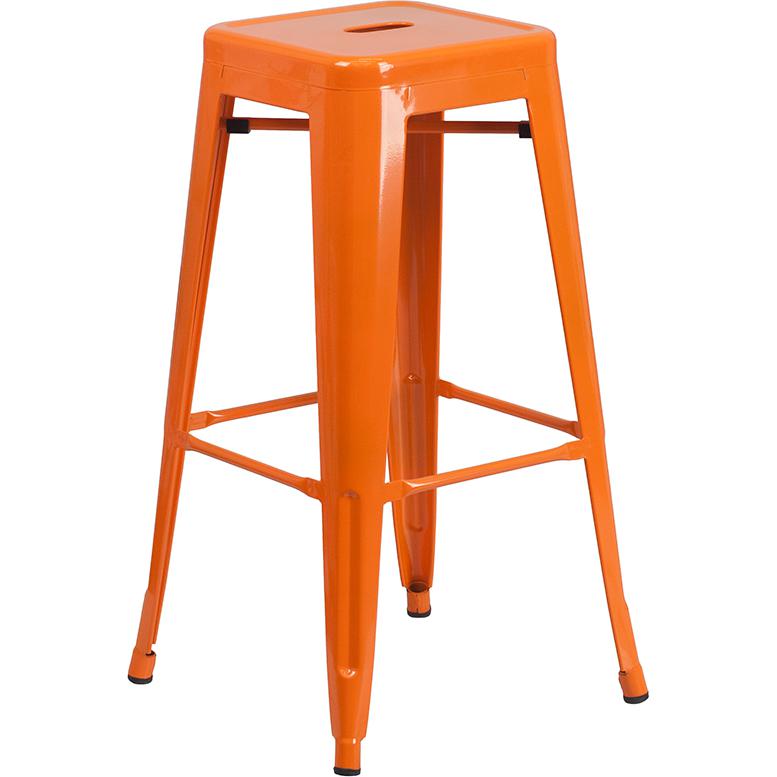 Commercial Grade 30" High Backless Orange Metal Indoor-Outdoor Barstool with Square Seat