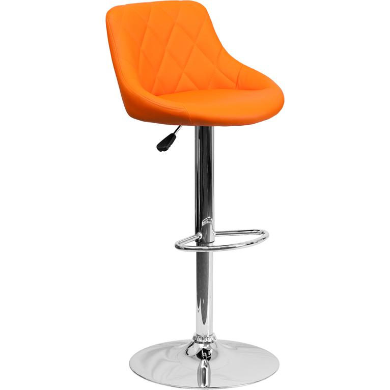 Contemporary Orange Vinyl Bucket Seat Adjustable Height Barstool with Diamond Pattern Back and Chrome Base