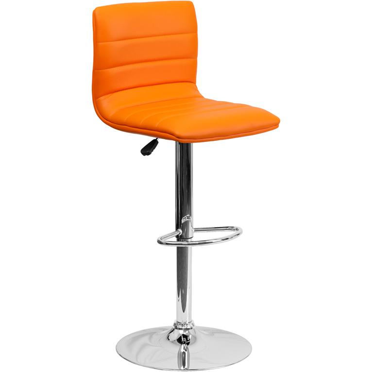 Modern Orange Vinyl Adjustable Bar Stool with Back, Counter Height Swivel Stool with Chrome Pedestal Base