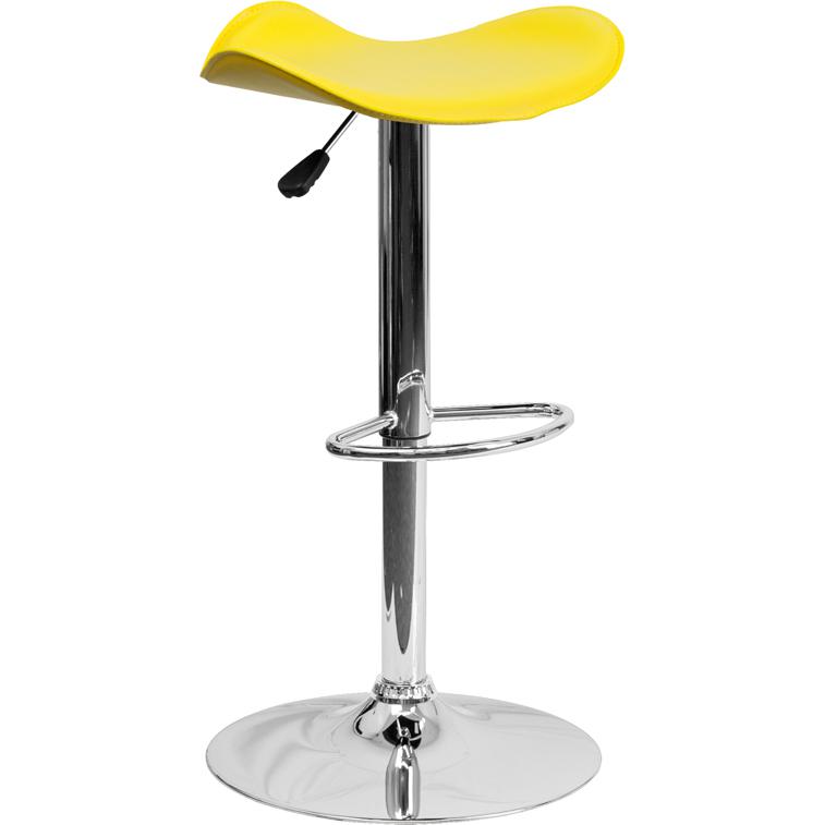 Contemporary Yellow Vinyl Adjustable Height Barstool with Wavy Seat and Chrome Base