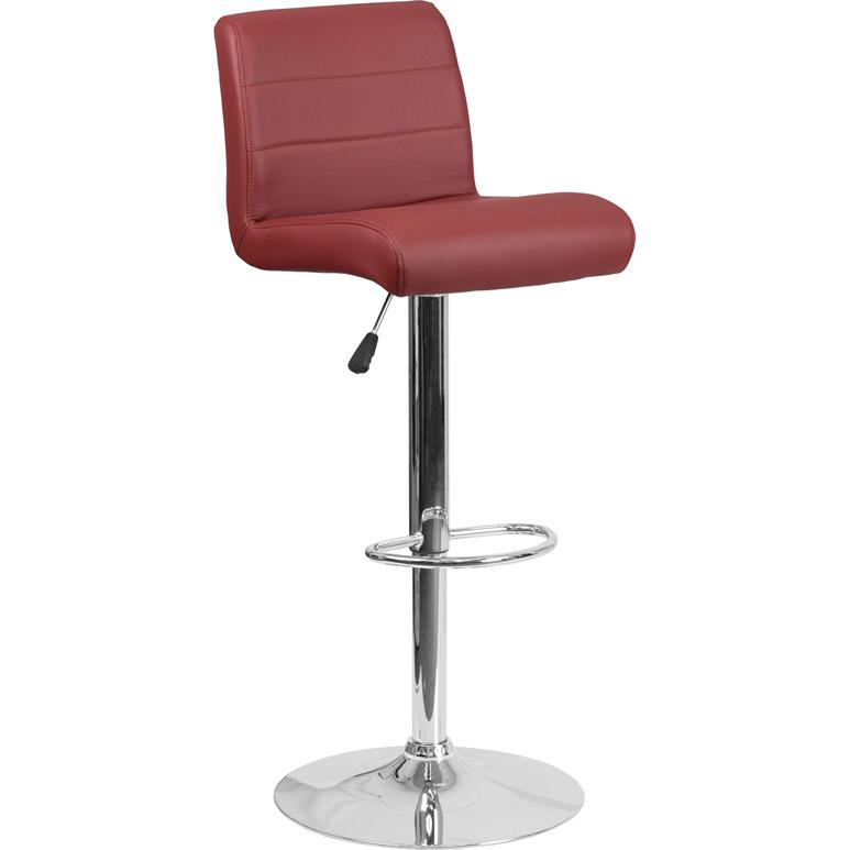 Contemporary Burgundy Vinyl Adjustable Height Barstool with Rolled Seat and Chrome Base