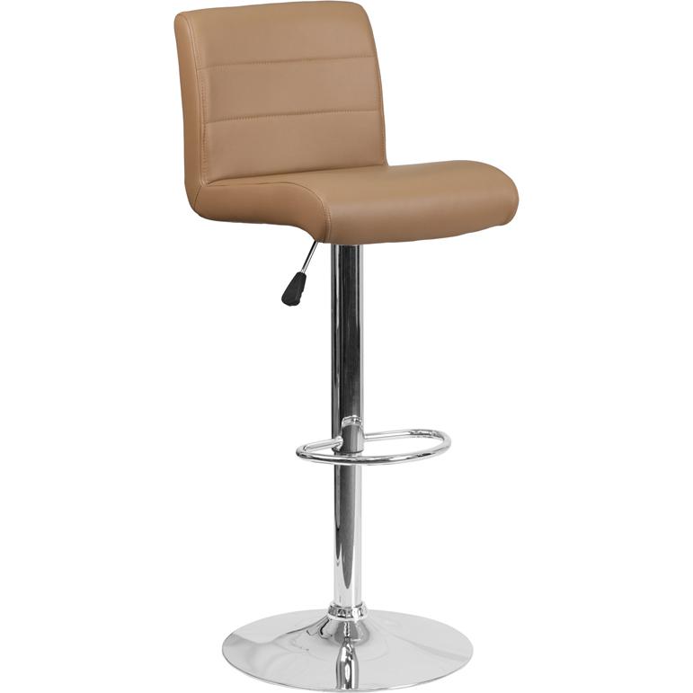 Contemporary Cappuccino Vinyl Adjustable Height Barstool with Rolled Seat and Chrome Base