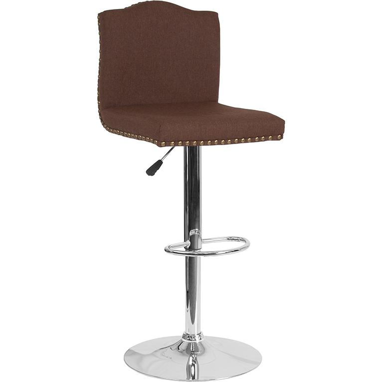 Bellagio Contemporary Adjustable Height Barstool with Accent Nail Trim in Brown Fabric