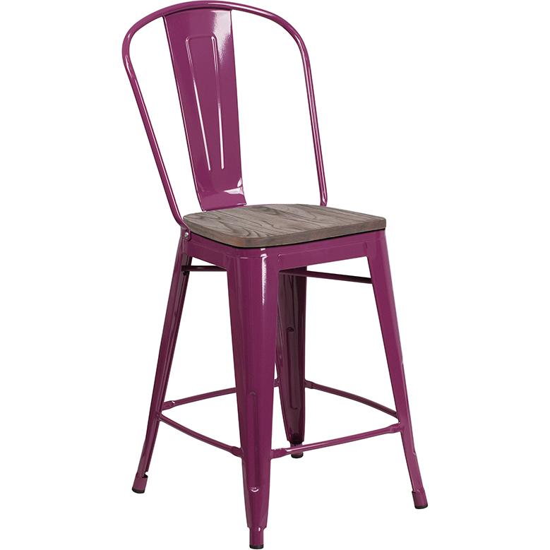 24" High Purple Metal Counter Height Stool with Back and Wood Seat