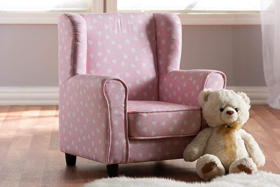Selina Modern and Contemporary Pink and White Heart Patterned Fabric Upholstered Kids Armchair