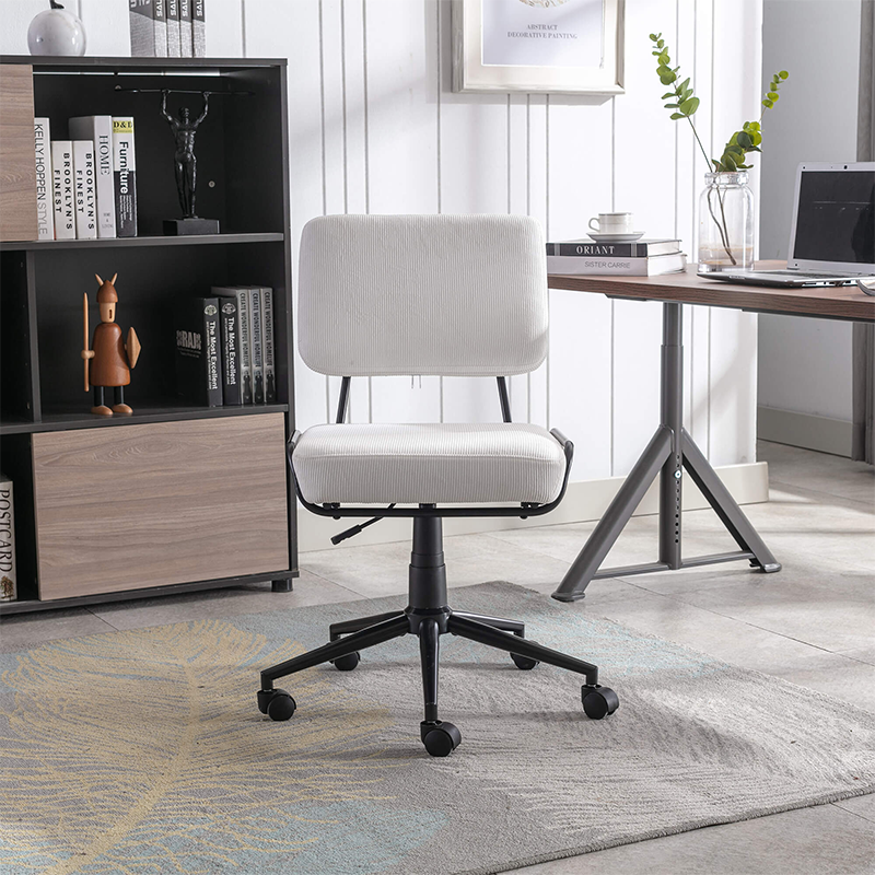 White Upholstered Corduroy Swivel Rolling Chair with Wheels
