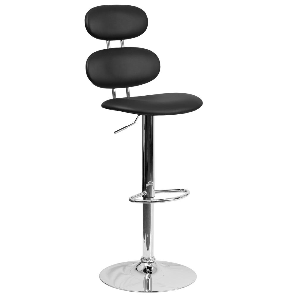 Contemporary Black Vinyl Adjustable Height Barstool with Ellipse Back and Chrome Base